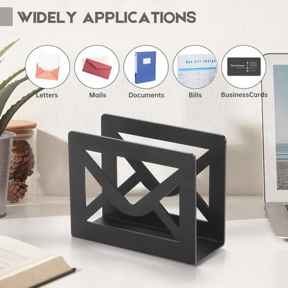 Desktop Metal Mail Holder,Modern Black Letter Organizer for Desk with Cutout Envelope Design,Home and Office Envelope and Document Storage Rack (Black)