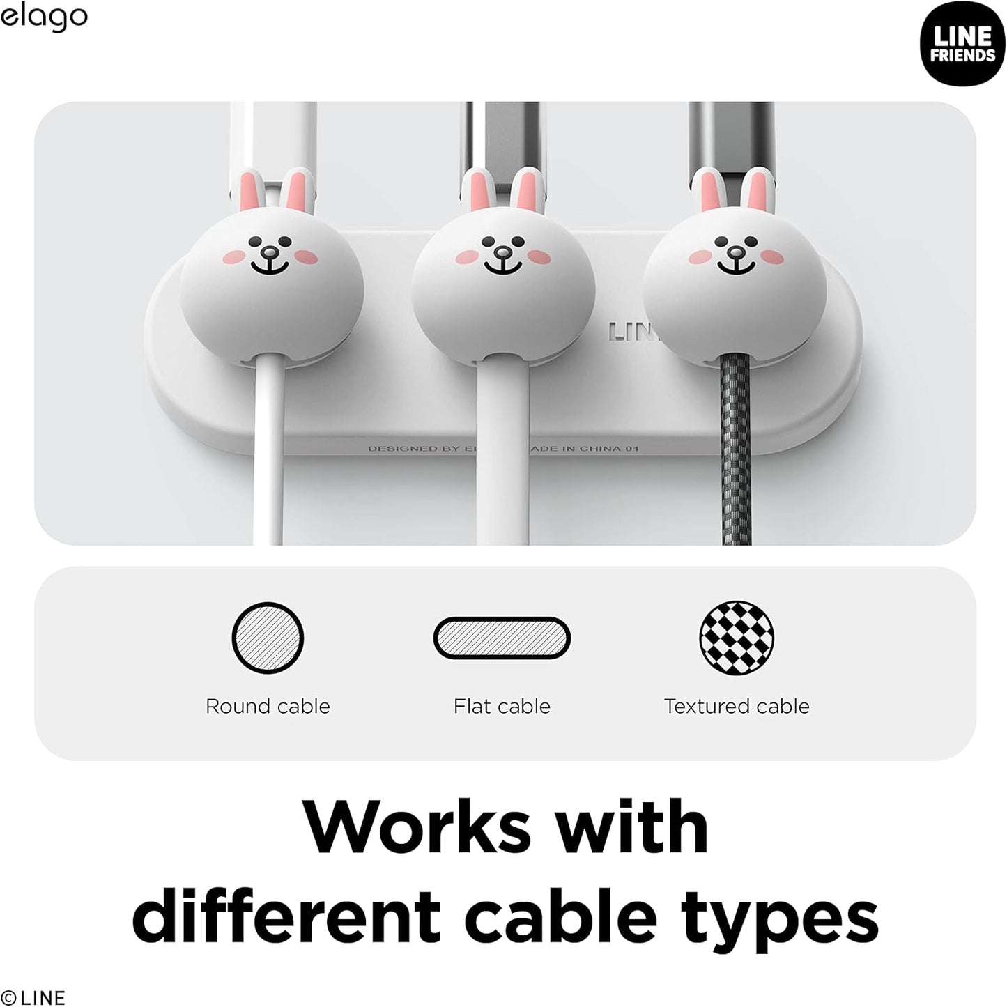 elago | LINE Friends Magnetic Cable Management Buttons, Organize 3 Cables, Powerful Magnets, Reusable Sticker Attaches to Surface, Desk Organization (Brown)