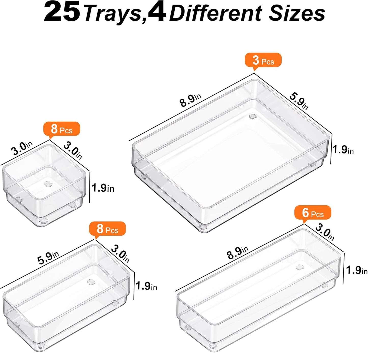 SMARTAKE 7-Piece Drawer Organizer with Non-Slip Silicone Pads, 4-Size Desk Drawer Organizer Trays Storage Tray for Makeup, Jewelries, Utensils in Bedroom Dresser, Office and Kitchen (Clear)