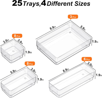 SMARTAKE 7-Piece Drawer Organizer with Non-Slip Silicone Pads, 4-Size Desk Drawer Organizer Trays Storage Tray for Makeup, Jewelries, Utensils in Bedroom Dresser, Office and Kitchen (Clear)