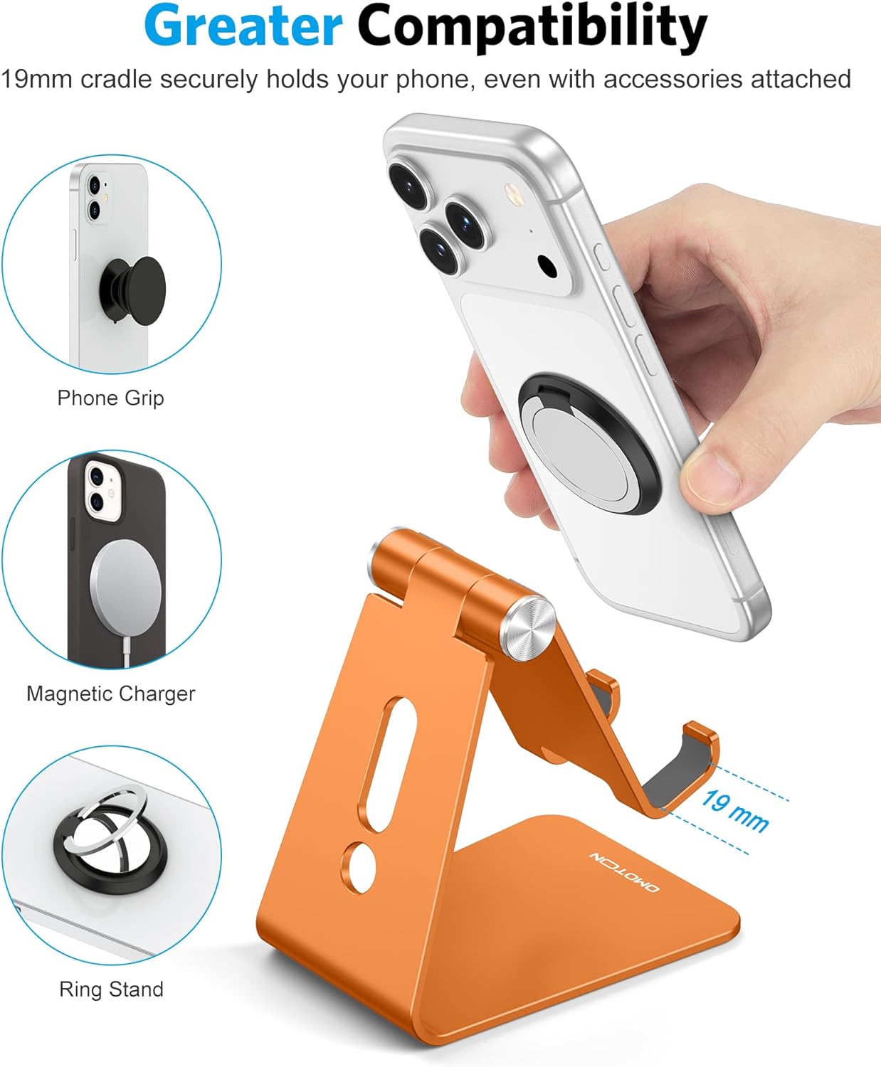 Adjustable Cell Phone Stand, OMOTON Aluminum Desktop Cellphone Stand with Anti-Slip Base and Convenient Charging Port, Fits All Smart Phones, Silver