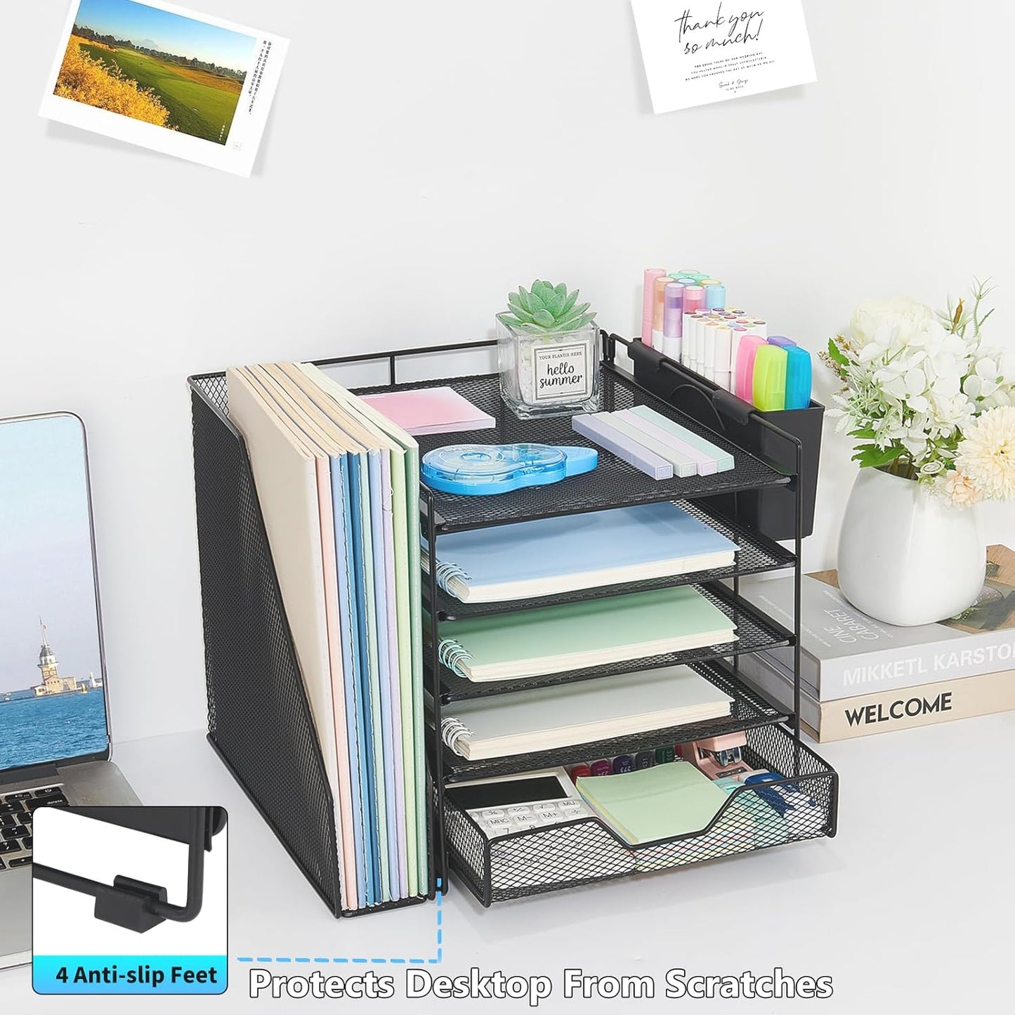 Desk Organizer, 5-Tier Paper Letter Tray Organizer with File Holder, Drawer and Pen Holder, Desktop Organizer for Office Supplies, Black