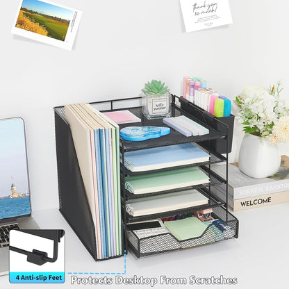 Desk Organizer, 5-Tier Paper Letter Tray Organizer with File Holder, Drawer and Pen Holder, Desktop Organizer for Office Supplies, Black