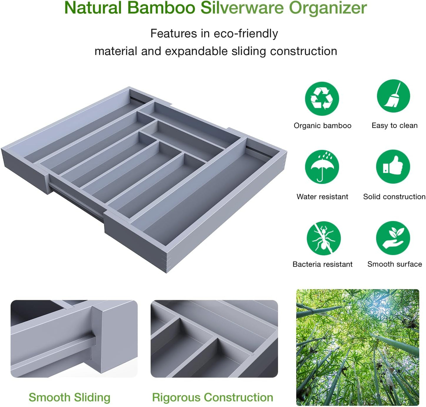 Pipishell Bamboo Expandable Silverware Drawer Organizer, Adjustable Kitchen Utensil Tray for Forks, Spoons and Knives, Wood Storage Cutlery Holder for Bedroom and Living Room