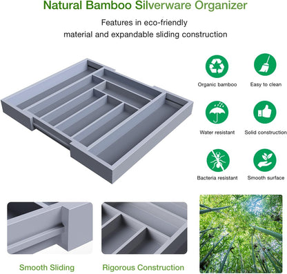 Pipishell Bamboo Expandable Silverware Drawer Organizer, Adjustable Kitchen Utensil Tray for Forks, Spoons and Knives, Wood Storage Cutlery Holder for Bedroom and Living Room