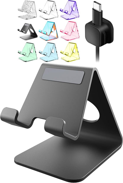 TOPGO Cell Phone Stand for Desk, Device Holder, Cradle, Holder, Metal Phone Stand with Cable Collective for Office Desk, Bedside Table Compatible with iPhone 17 16 Pro Max and All Smart Phones - Black