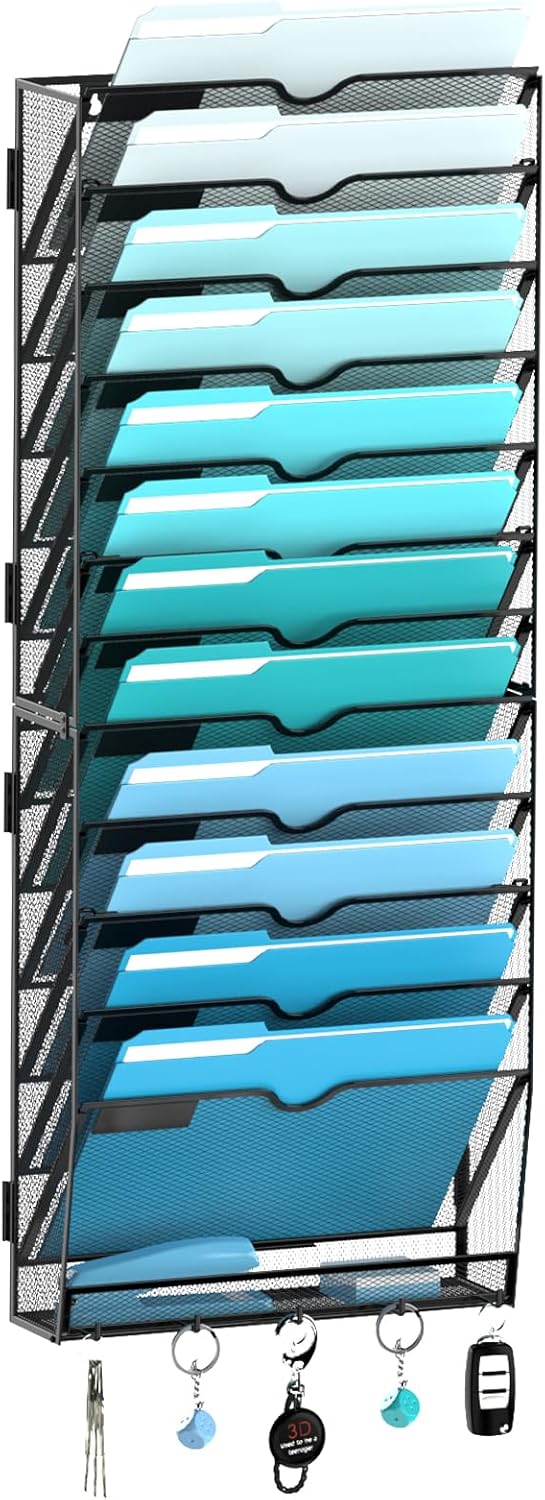 5 Tier Wall File Organizer - Hanging File Organizer with 5 Hooks, Mail Holder Wall Mounted for Papers, Folders, Magazines, Bills, Office&School Organization, Black