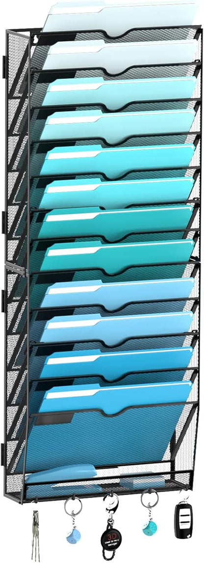 5 Tier Wall File Organizer - Hanging File Organizer with 5 Hooks, Mail Holder Wall Mounted for Papers, Folders, Magazines, Bills, Office&School Organization, Black