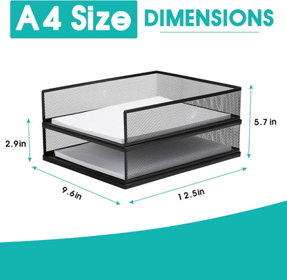 Wire Mesh Letter Trays Paper Tray Desk File Organizer, 2 Pack Stackable Metal Front-Load Documents Tray for Office Supplies File (Lengthways)