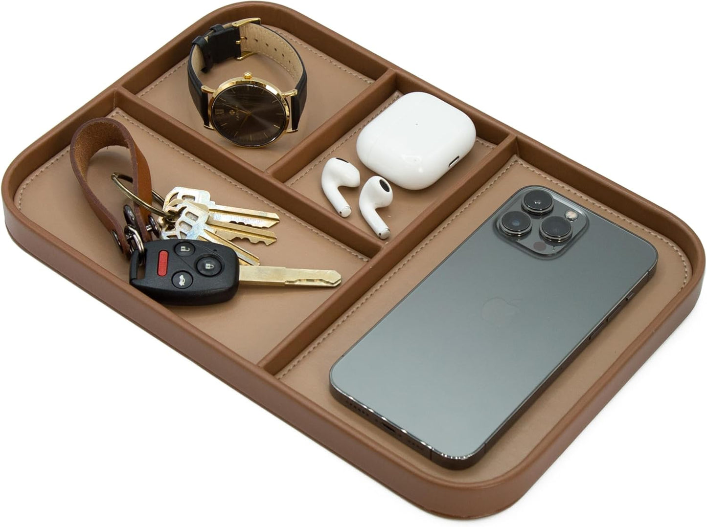 MUUJEE Leather Catchall Multitray (Design 3) - 11.65 x 7.75 x 0.8, Nightstand Entryway Bedside Dump Tray Valet Organizer for Keys Phone Wallet Watch Glasses Pens, Office Desk Accessory for Men, Green