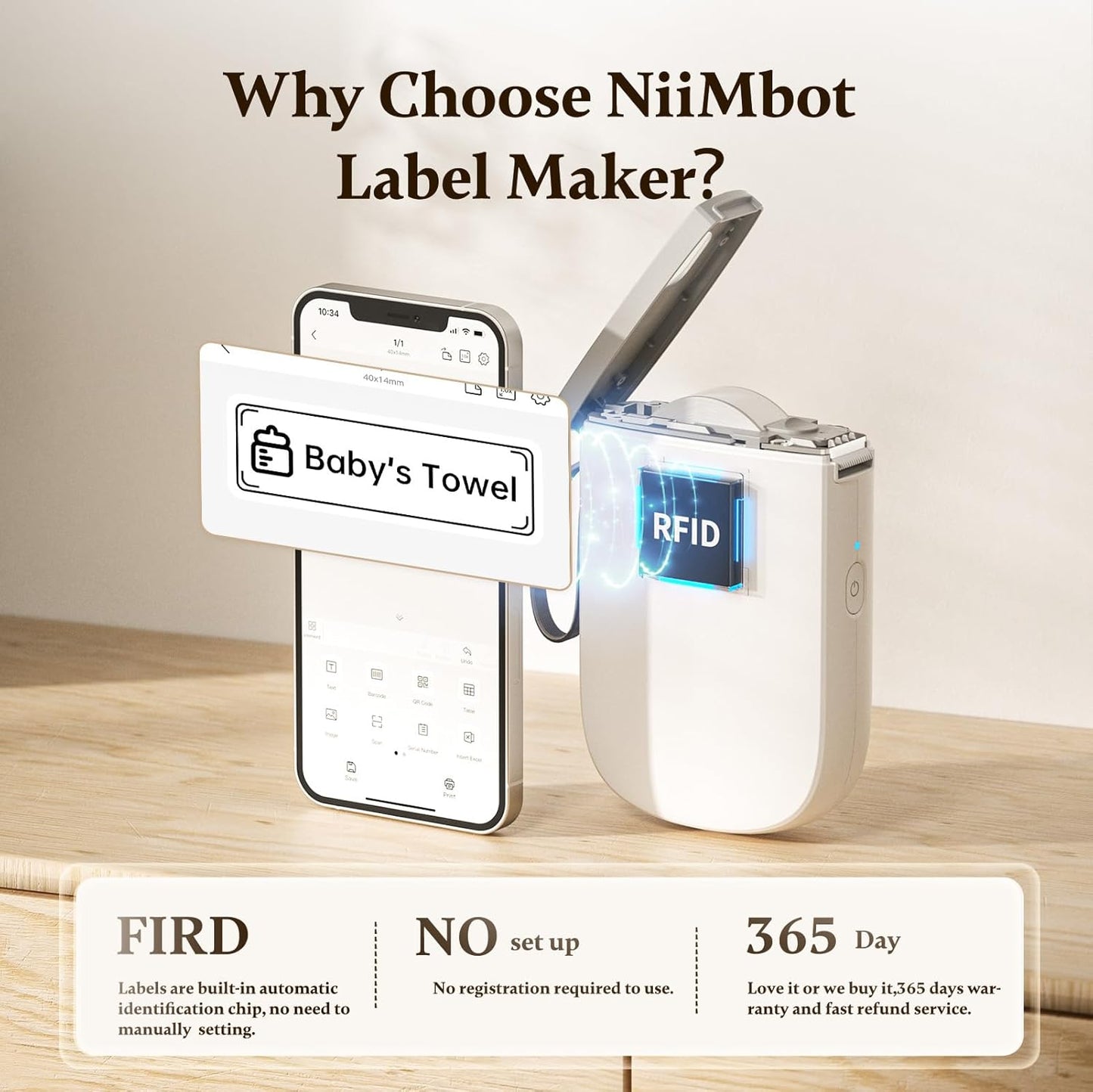 NIIMBOT 300 DPI D11 Label Maker Machine with 1 Tape, Mini Portable Label Printer, Bluetooth Thermal Label Printer Sticker Labeler for Office Home Kitchen School Organization, White
