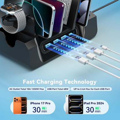 KDD Charging Station with 6 Charging Cables - Fast Charging 6 in 1 Cellphone Charging Dock with Headphone Stand and Watch Holder - 2 AC&USB A&USB C, Storage Station for Smartphone,Tablets, AppleWatch