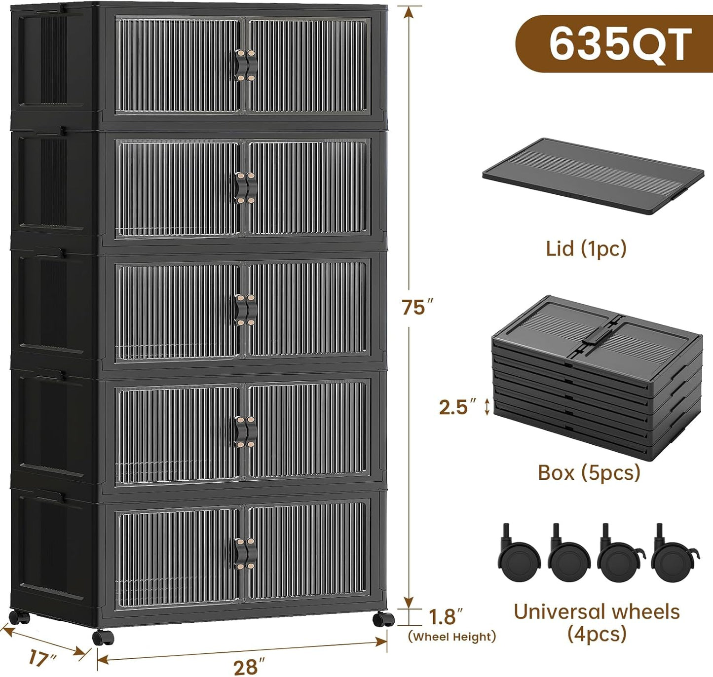 SAILUN 145Gal/580Qt Collapsible & Stackable Storage Bins with Door & a Lid,Perfect for Blanket Storage, Pillow Organizer, Bedroom Closet & Living Room, Black 26" W x 17" D x 71" H