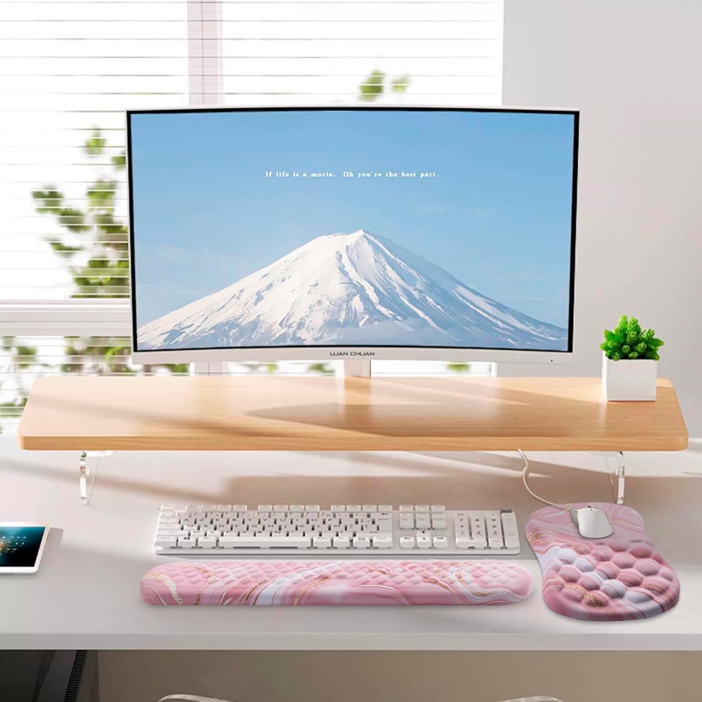 Mouse Pad Wrist Support, Laokiiy 2 in1 Keyboard Wrist Rest+ Ergonomic Mouse Pad, Non-Slip Wrist Rest for Computer Keyboard, Made Easy Typing & Relieve Wrist Pain（Banana Leaf Green）