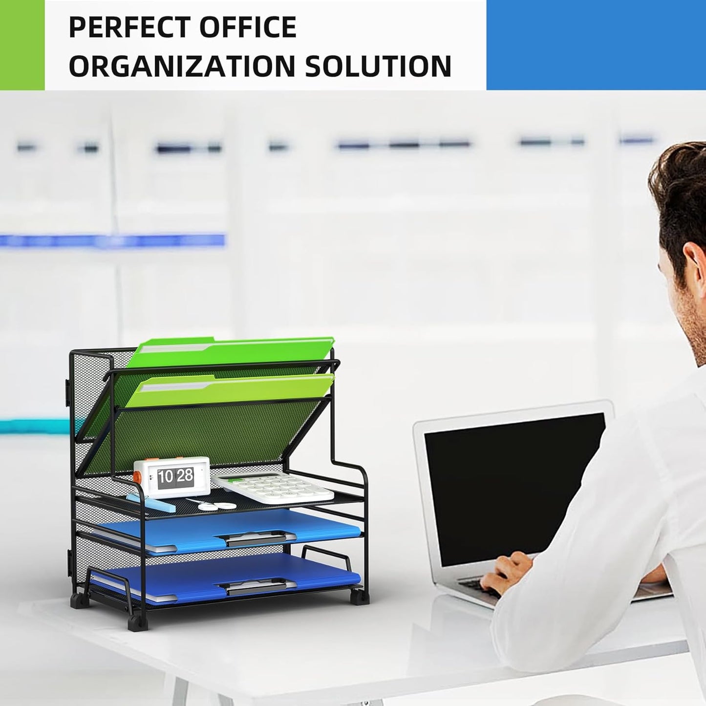 MINDEPOT 4-Tier Paper Organizer + 3-Pocket File Holder + Drawer + Pen Holders, Desktop File Organizers Paper Tray for Office Accessories School Classroom Organization (Black)