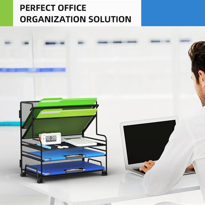 MINDEPOT 4-Tier Paper Organizer + 3-Pocket File Holder + Drawer + Pen Holders, Desktop File Organizers Paper Tray for Office Accessories School Classroom Organization (Black)