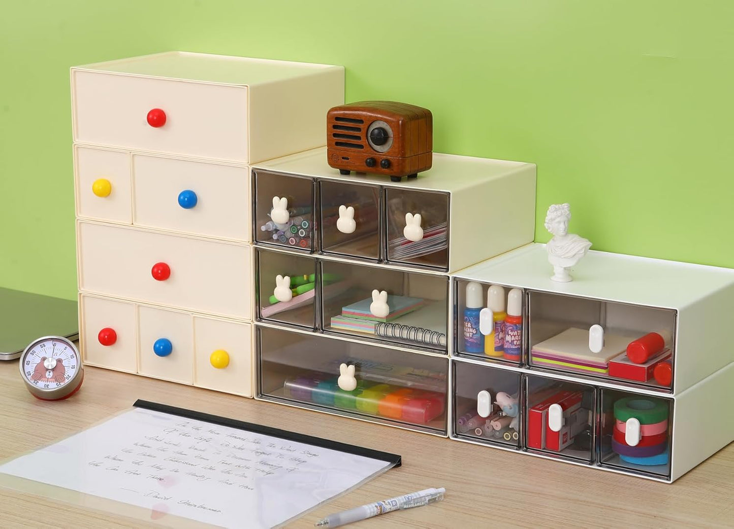 Desktop Storage Drawers, Plastic Desk Organizer with 3 Drawers, Modular Stackable Toolbox Units for Office Stationary, Makeup Container, Bathroom Countertop (1 Tall Layer, Cream & Clear)