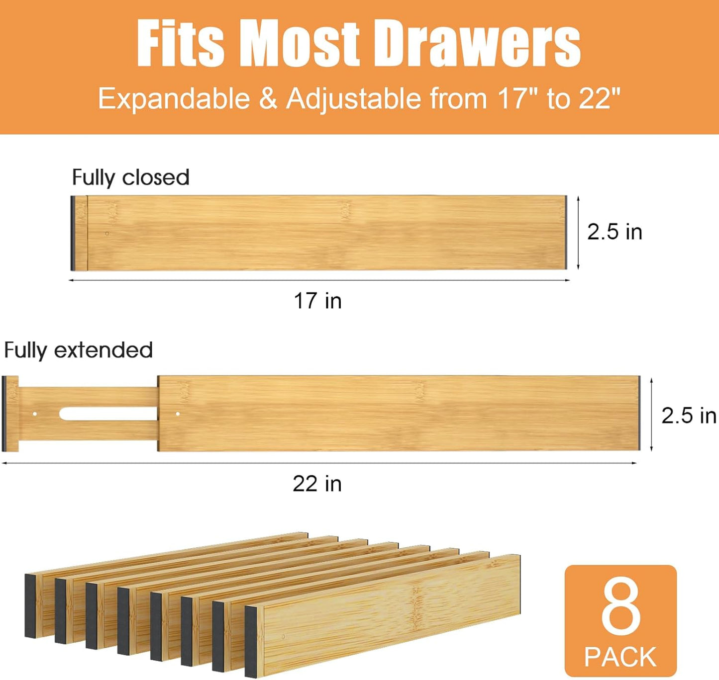 Bamboo Drawer Dividers,17-22" Adjustable Kitchen Drawer Organizer for Clothes,4 Pack Expandable Drawer Organization Separators for Bedroom,Bathroom,Dresser and Office,Natural