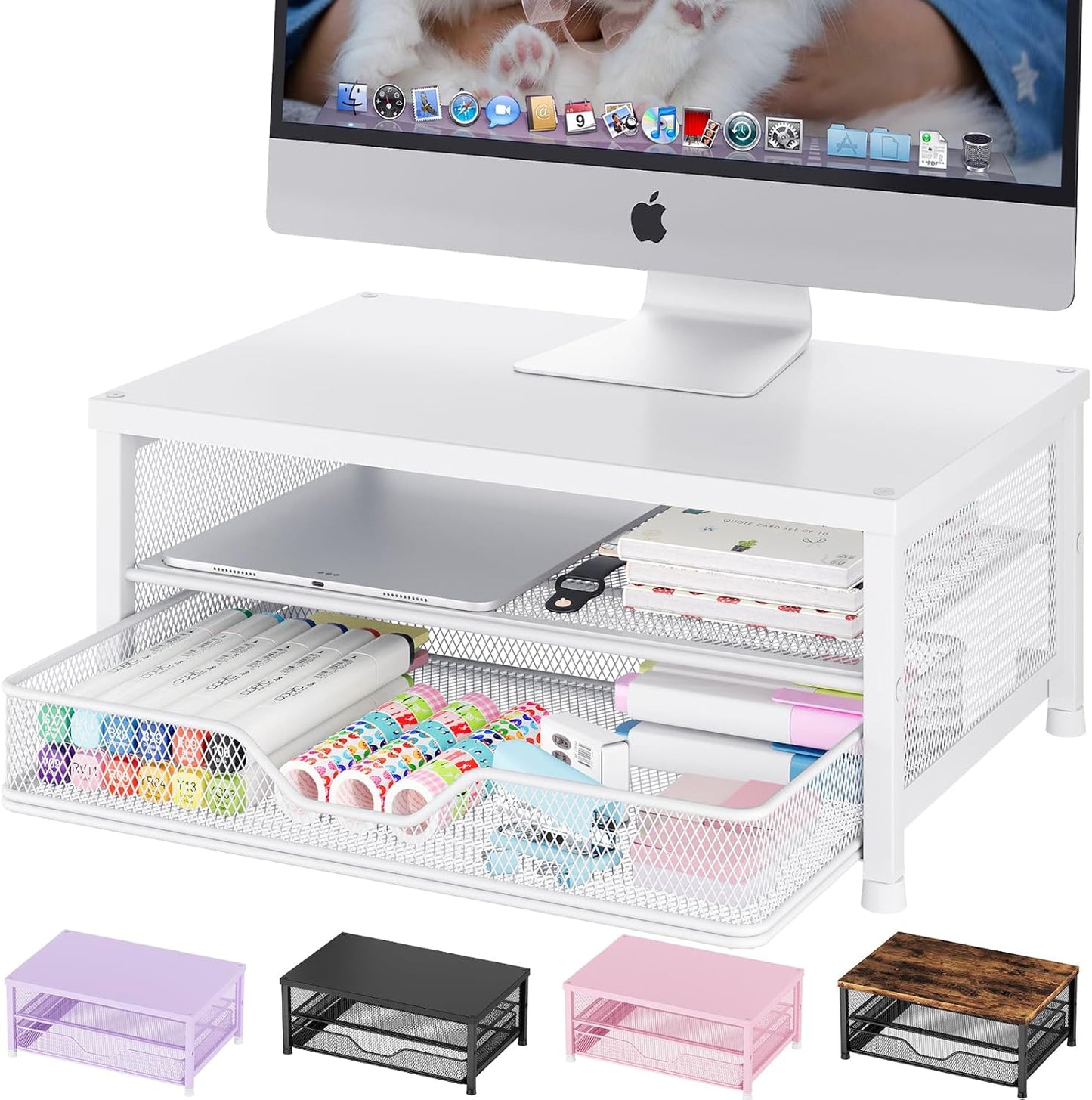 OPNICE Computer Monitor Stand Riser, Desk Organizer with Drawer, Printer & Laptop Stand, Office Desk Accessories & Workspace Desktop Organizers Storage for Office Supplies(Brown)