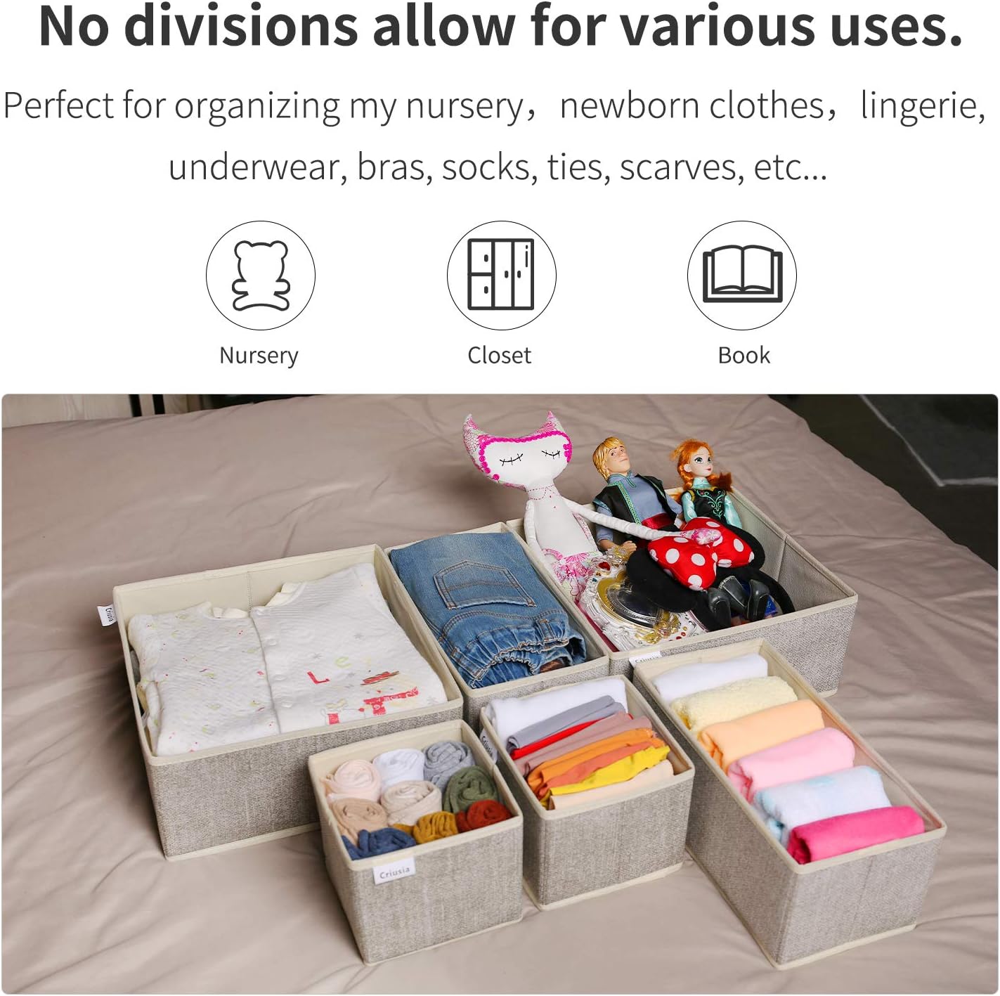 Criusia Foldable Underwear Drawer Organizer, Closet Dividers, Storage Box for Clothes, Socks (6 Bins, Gray)