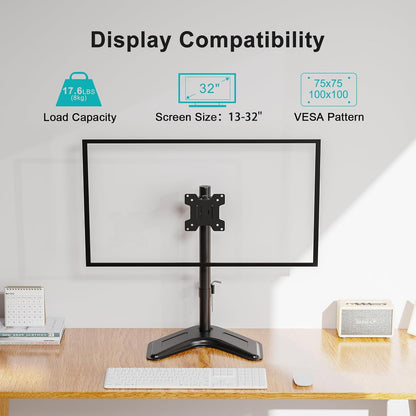 MOUNT PRO Single Monitor Stands Fits 13-32 inch/17.6 lbs Screen, Free-Standing Computer Monitor Mount for Desk, Display Standing with Adjustable Height/Tilt/Swivel/Rotation, VESA 75x75 100x100
