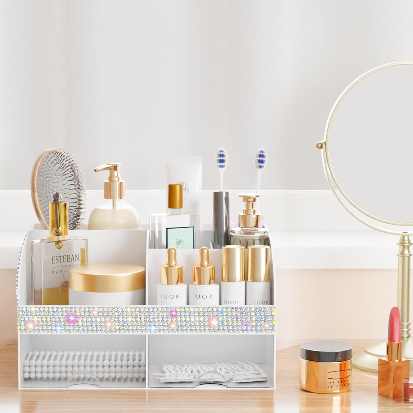 Makeup Organizer with Drawers, Cosmetic Storage for Dresser Vanity and Bathroom Countertop, Beauty Holder for Lipstick Brush, Skincare Organizer for Vanity, Cosmetic Display Case (White)