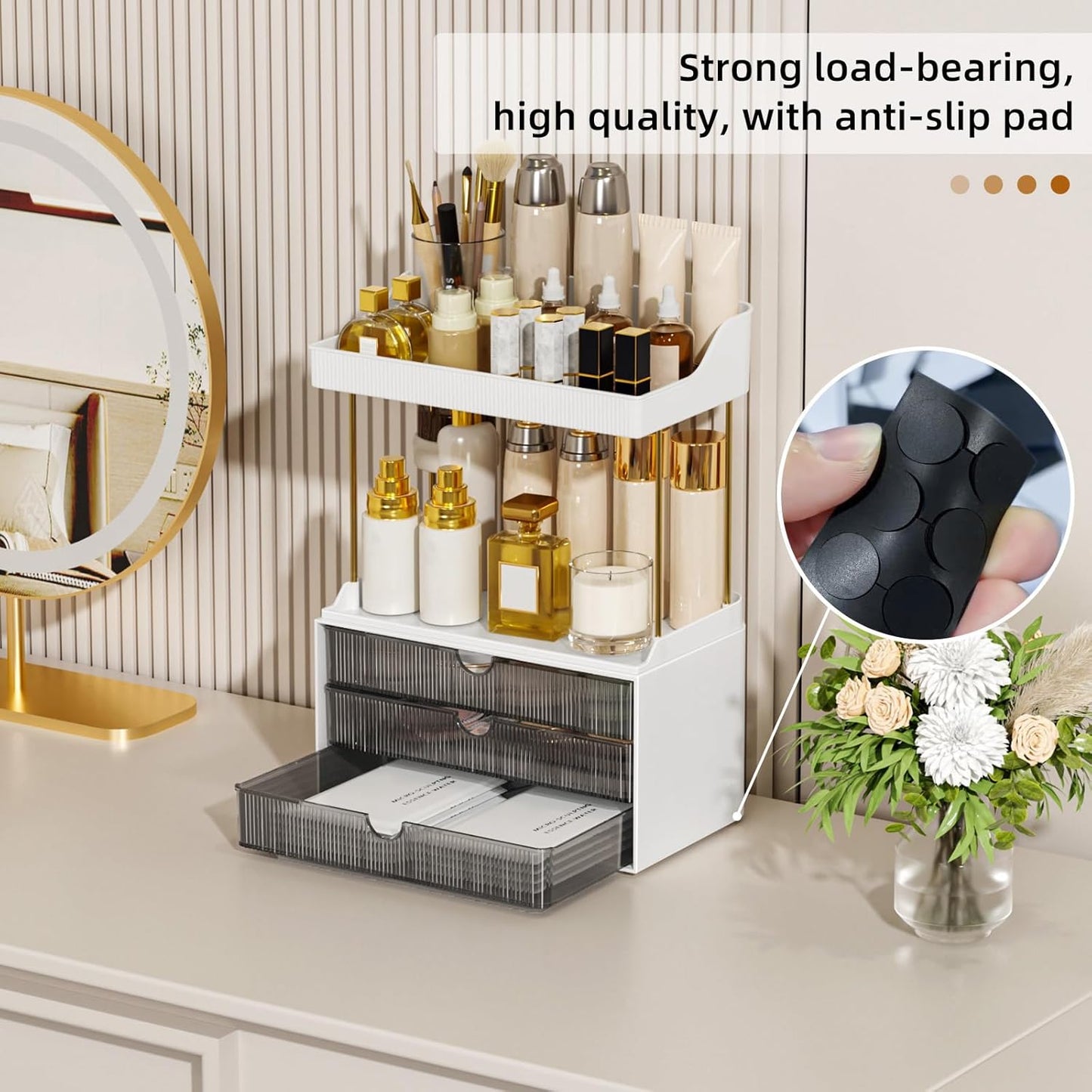 StorBin 3 Large Drawers Makeup Organizer - 5 Tier Bathroom Counter Organizers and Storage, Versatile Perfume Vanity Organizer, Ideal for Cosmetic, Large Skincare, Face Mask, Office Supplies, Amber