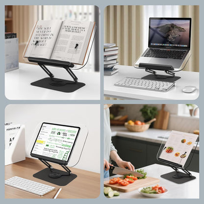 Acrylic Book Stand for Reading Hands Free - Adjustable 360° Rotating Cookbook Holder with Elastic Page Clips & Foldable Base, Multi-Angle Desktop Display Stand for Recipes, Textbooks, Tablets, Bibles