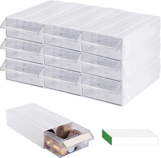 9 Pcs Drawer Stacking Storage Cabinet with 18 Pcs Clear Dividers Organizer Rack & 9 Pcs Tag Card, Plastic Stacking Storage-in-Drawer Cabinet for Home Office Small Items