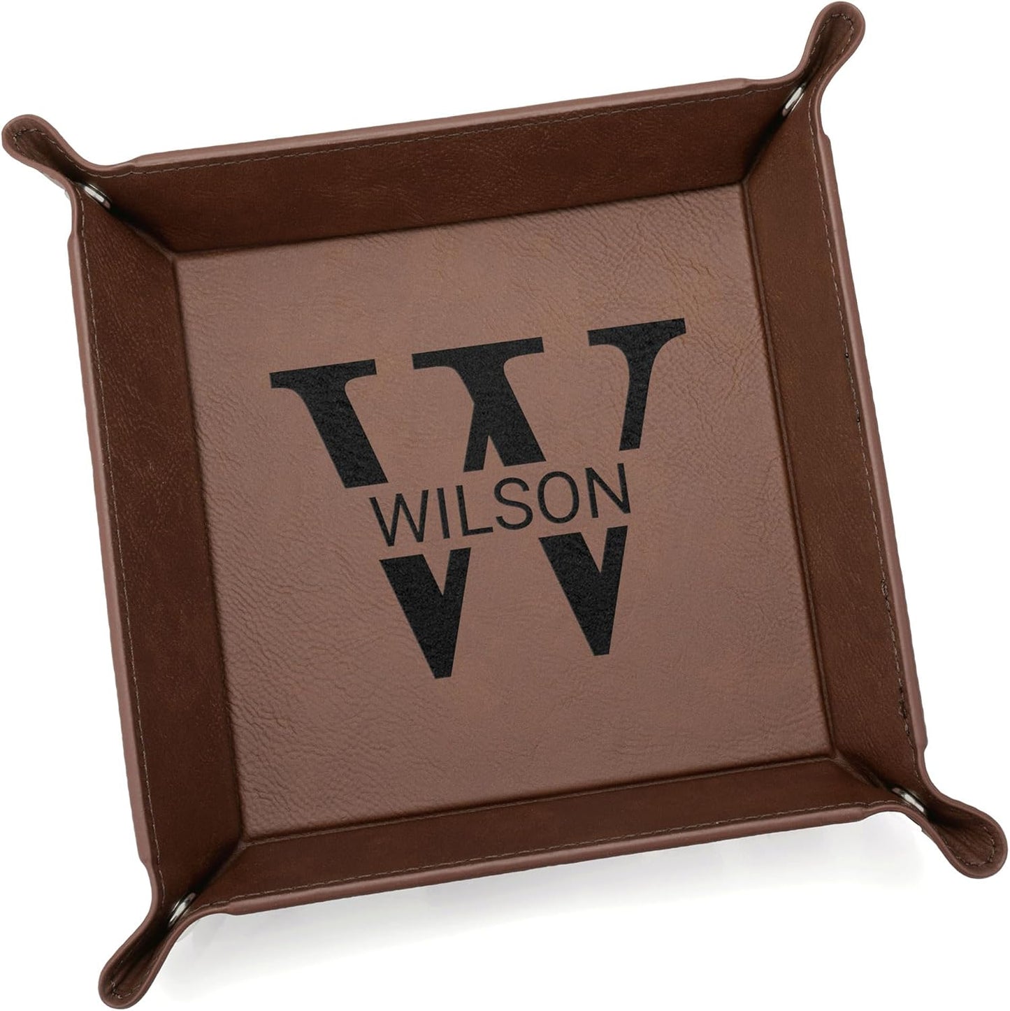 Lifetime Creations Monogrammed Valet Tray for Men (Brown) - Personalized Vegan Leather Catch All, Nightstand Desktop Desk Organizer for Coins, Keys, Watch