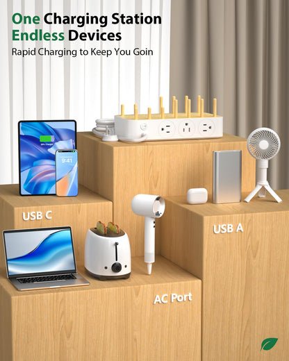 Bamboo USB-C Charging Station for Multiple Devices,60W 6 Port Charing Dock with 3 AC Outlets, 3 USB C, 3 USB A,6.6ft Power Cord for lPhone,lPad,Tablets (6 Mixed Cables Included),White