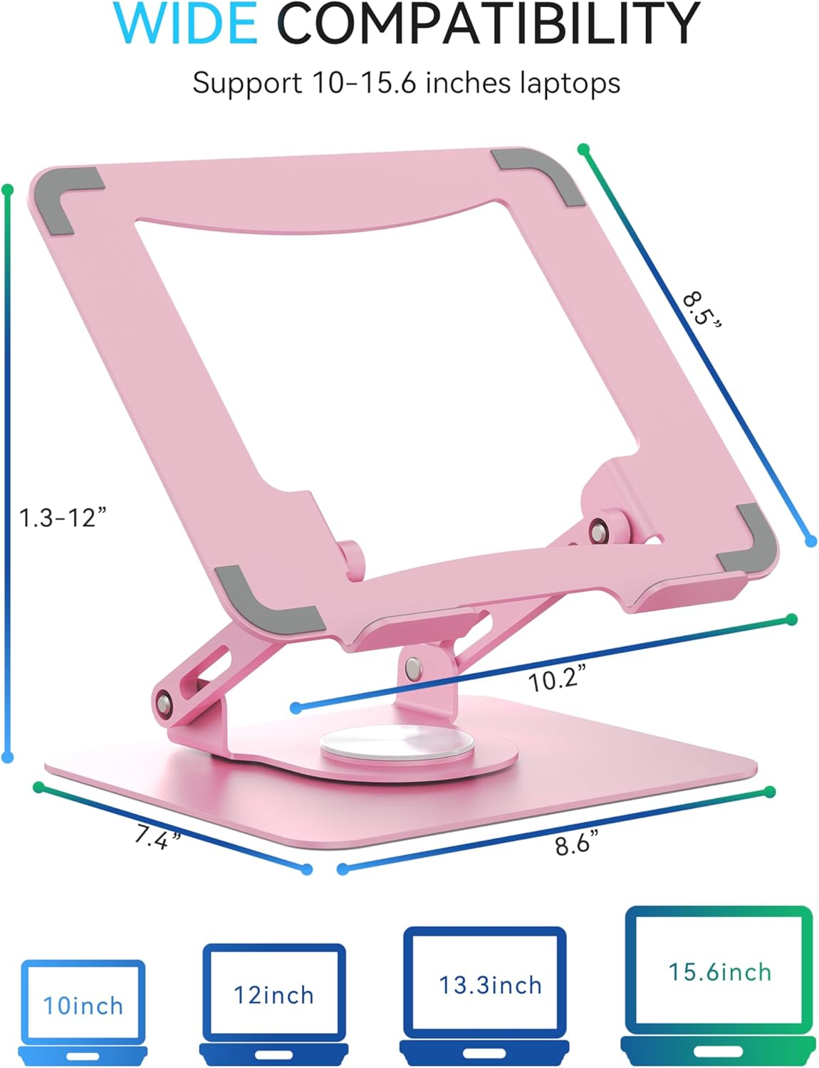 SOUNDANCE 360 Rotating Laptop Stand, Ergonomic Computer Riser for Desk, Adjustable Height Multi-Angle Metal Holder, Foldable Portable Notebook Elevating Base for Office & Home, Silver Grey