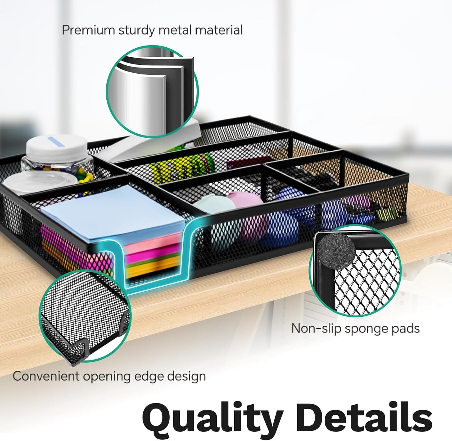 Desk Drawer Organizer Tray Versatile Metal Mesh Desk Organizers and Accessories for Office Supplies, School, Home, 10.34 x 6.1 x 1.38 Inches