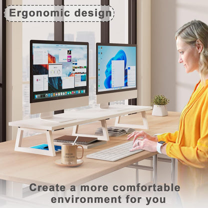 TEAMIX 42 inch Large [Dual] [Monitor] [Riser],Rustic Brown Extra Long TV [Stand Wood & Steel Desktop [Riser] with Storage for [Dual] Screen Office Desk Organization