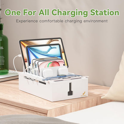 Pezin & Hulin Bamboo Charging Station for Multiple Devices, USB Charger Dock Organizer, with Power Supply (10 Ports HUB), 6 Cables, Cable Management Organizer for Cell Phones, Tablets -Natural+White