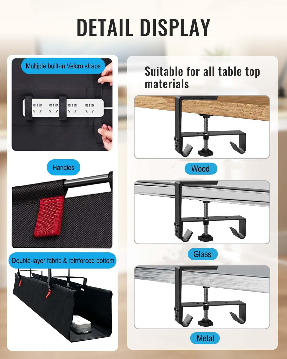No Drill Cable Management Under Desk, 36" Cord Organizer for Table, Clamp/Screw Mount Cable Tray, Premium Black Fabric Desk Cord Management Tray for Office, Home (Large (36 Inch))