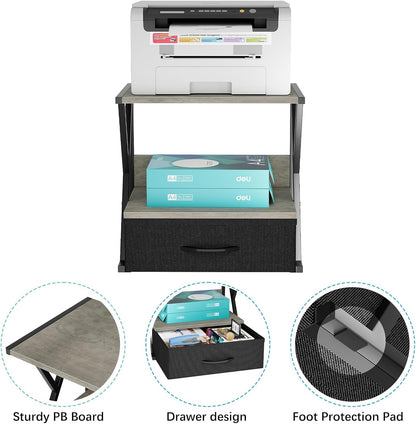 aboxoo Printer Stand for Desk with Storage Drawer, 2 Tier Desktop Or UnderDesk Shelf, Multi-Purpose Desk Organizer for Home Office, fit Fax Machine/3D Printer/Scanner, Rustic Brown