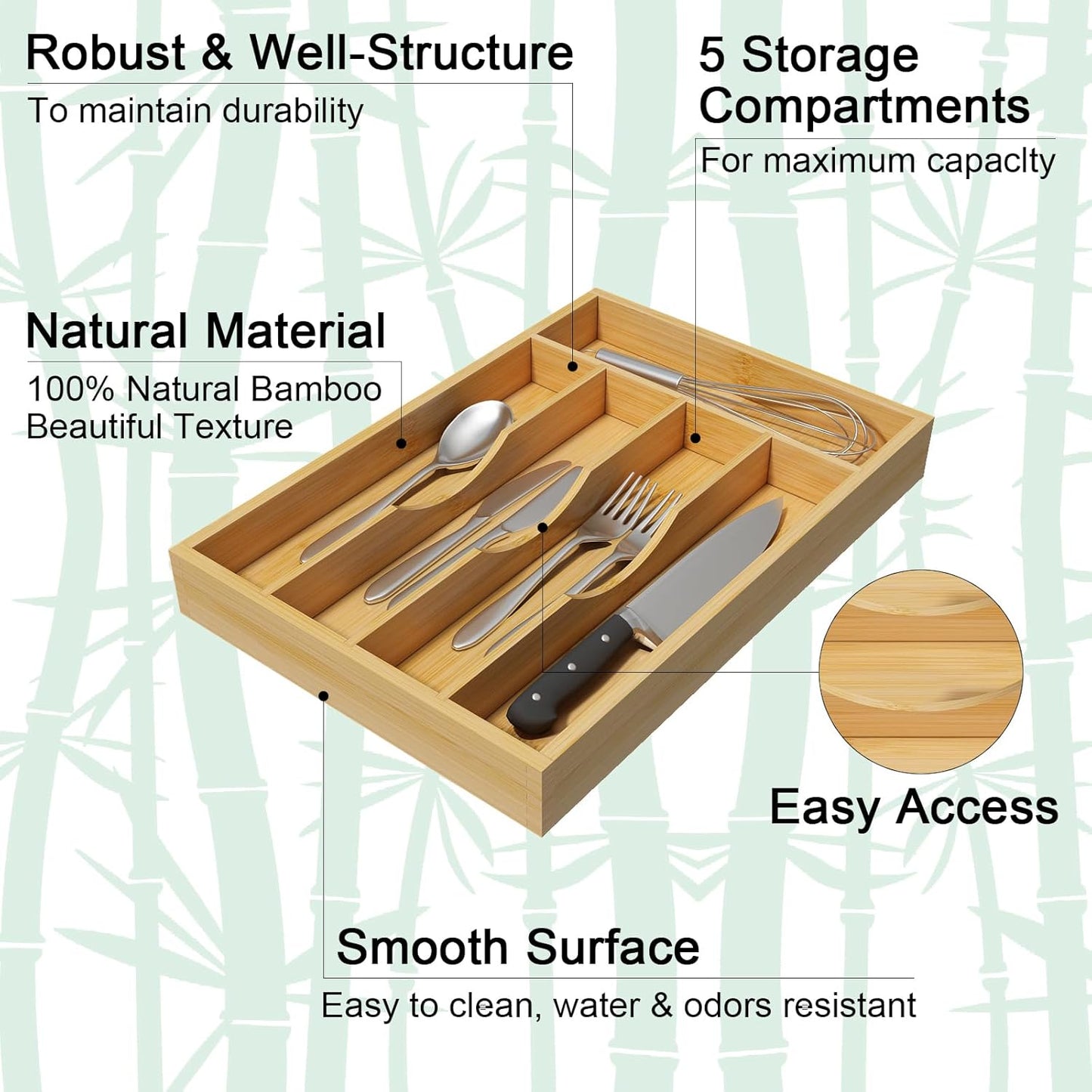 Youpehom Bamboo Utensil Organizer for Kitchen Drawers, Expandable Utensil Tray and Cutlery Silverware Holder,Wood Drawer Dividers with 7 Adjustable Slots