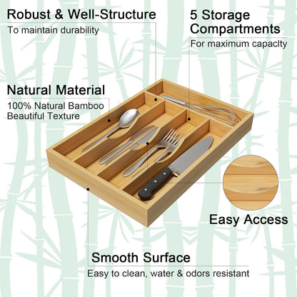 Youpehom Bamboo Utensil Organizer for Kitchen Drawers, Expandable Utensil Tray and Cutlery Silverware Holder,Wood Drawer Dividers with 7 Adjustable Slots