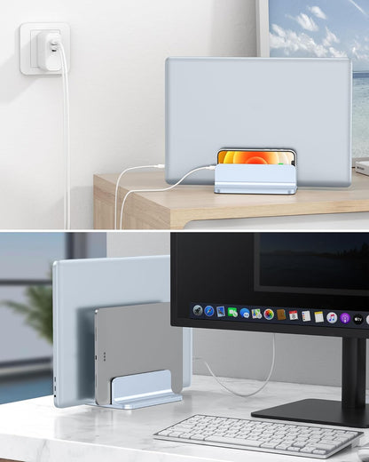 OMOTON Vertical Laptop Stand [Updated 3-Slots Version], Desktop Aluminum Mac Book Stand with Adjustable Dock Size, Fits All Mac Book, Chrome Book and Gaming Laptops (Up to 17.3 inch), Starlight