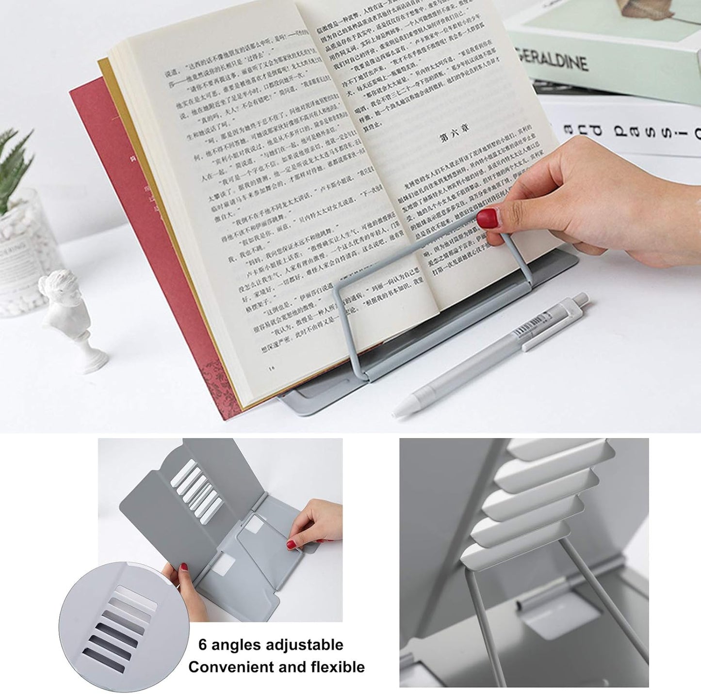 MSDADA Desk Book Stand Metal Reading Rest Book Holder Adjustable Cookbook Documents Holder for Recipes Textbooks Tablet Music Books, Mom Gifts, Gifts for Grandma Mom Mothers Day(Light Purple)