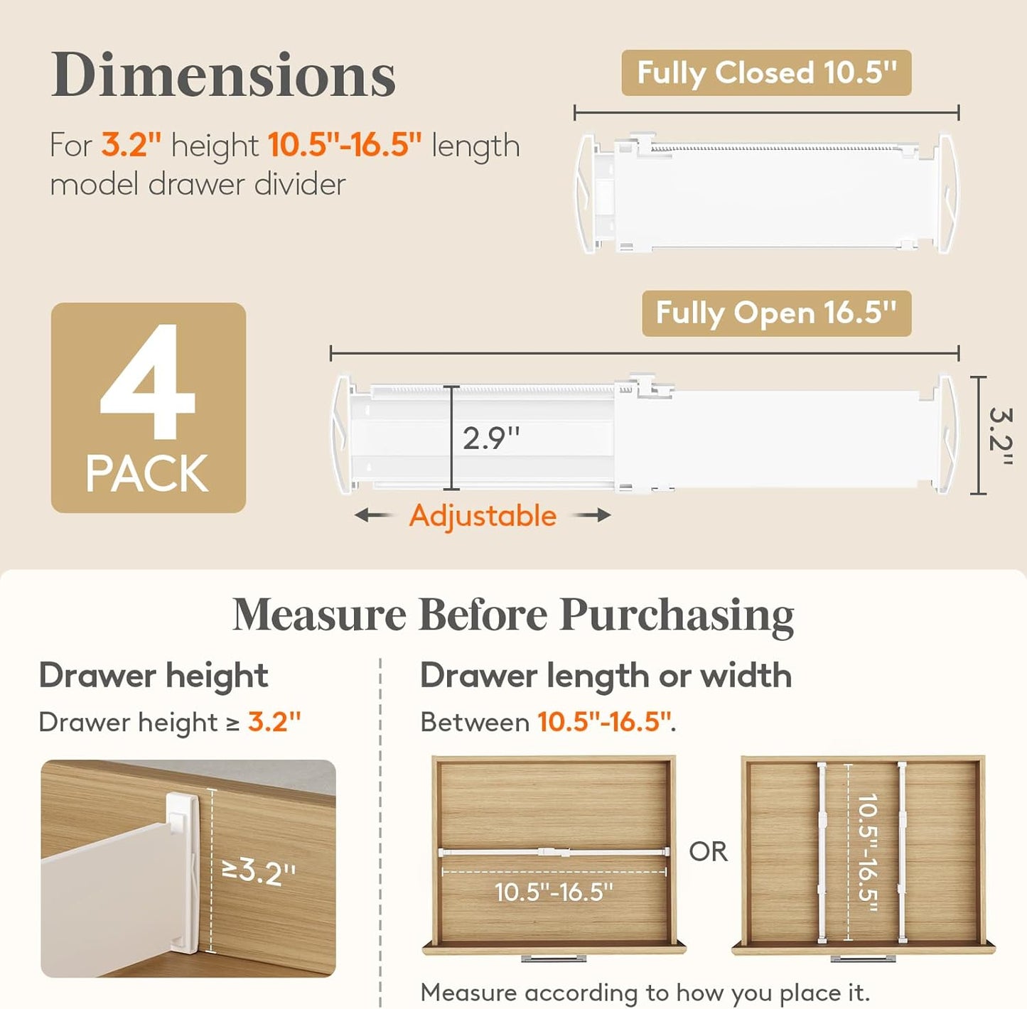 Lifewit Drawer Dividers for Clothes, 3.2" Tall 10.5"-16.5" Expandable Dresser Drawer Organizers, Adjustable White Plastic Separators for Kitchen, Cabinet, Nursery, Socks & Underwear Storage, 4 Pack