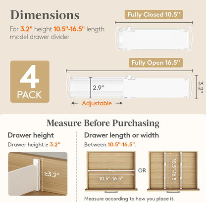 Lifewit Drawer Dividers for Clothes, 3.2" Tall 10.5"-16.5" Expandable Dresser Drawer Organizers, Adjustable White Plastic Separators for Kitchen, Cabinet, Nursery, Socks & Underwear Storage, 4 Pack