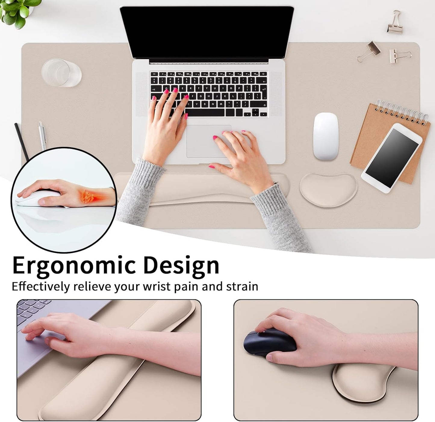 Wrist Rest for Computer Keyboard and Mouse, Ergonomic Design Wrist Support Pad for Keyboard, Soft Memory Foam Desk Pads Support Hand and Arm Easy Typing Pain Relief, 2 Piece Pad, Cream Pink