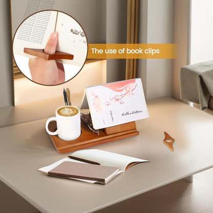Wood Desktop Book Stand for Reading Rest Birthday and Mothers Day Gifts, Book Page Holder Thumb Bookmark,Magnet Couple Photo or Note, Book Accessories, Triangle Book Nook with Cup for Book Lovers