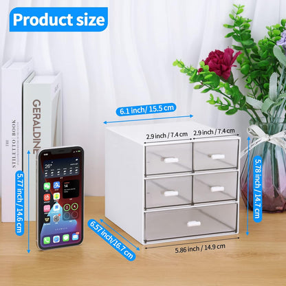 Desk Organizer with 5 Drawers, Rectangular Office Stationery Supplies Desktop Drawers, Plastic Makeup Storage, Suitable for Office, School, Home (Pink & 5 Drawers)
