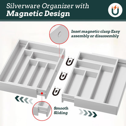 Silverware Organizer Large, Magnetic Connected Expandable 13 Slots Silverware Drawer Organizer From 21 to 37.4 Inches, Adjustable Flatware and Cutlery Holder, Bamboo Utensil Tray for Kitchen Natural