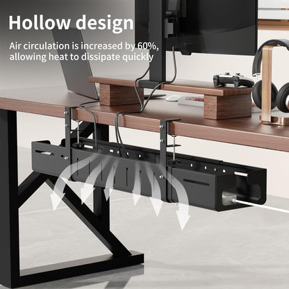 Under Desk Cable Management Tray, Expandable 25.2"–38.6" Heavy Duty Carbon Steel with Clamp, Hidden Cord Organizer for Desk, Home Office & Standing Desk, No Drill Installation, Black