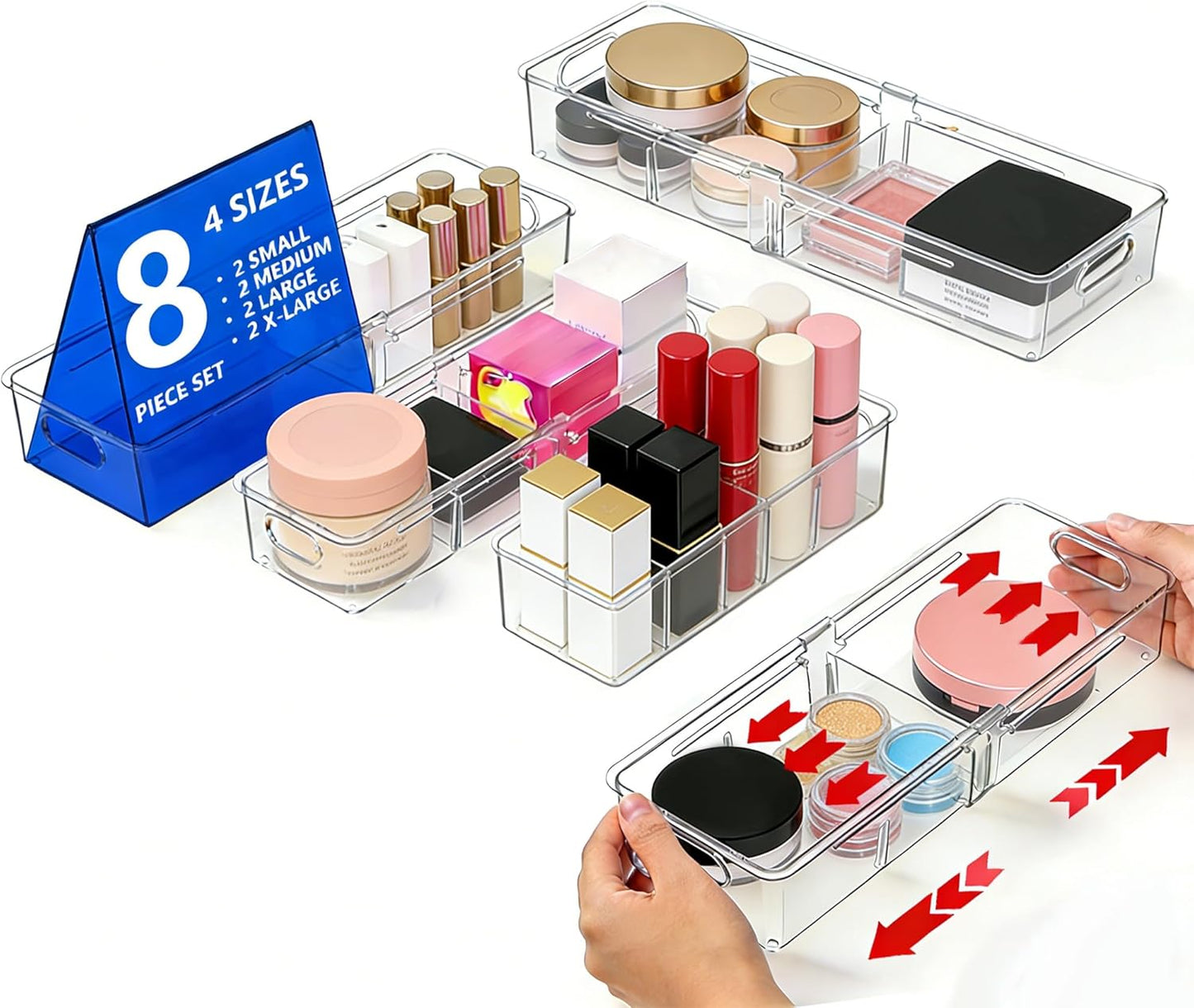 BLULEE Adjustable Clear Drawer Organizers, Expandable Bathroom Drawer Organizer Bins with Dividers, Versatile Makeup Organizer for Drawer, Plastic Desk Drawer Organizer (4 Pcs)