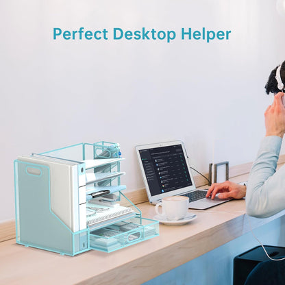 SUPEASY Desk Organizer with File Holder, 5-Tier Mesh Paper Letter Tray and 3 Tilted File Sorter for Office Supplies, Black